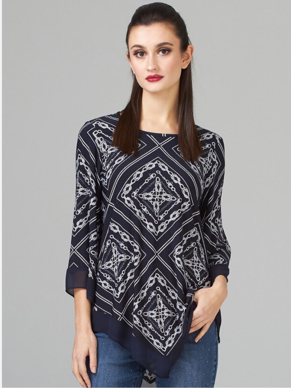Joseph Ribkoff Nautical coastal navy Blouse rope chains sailing women 14 stretch
